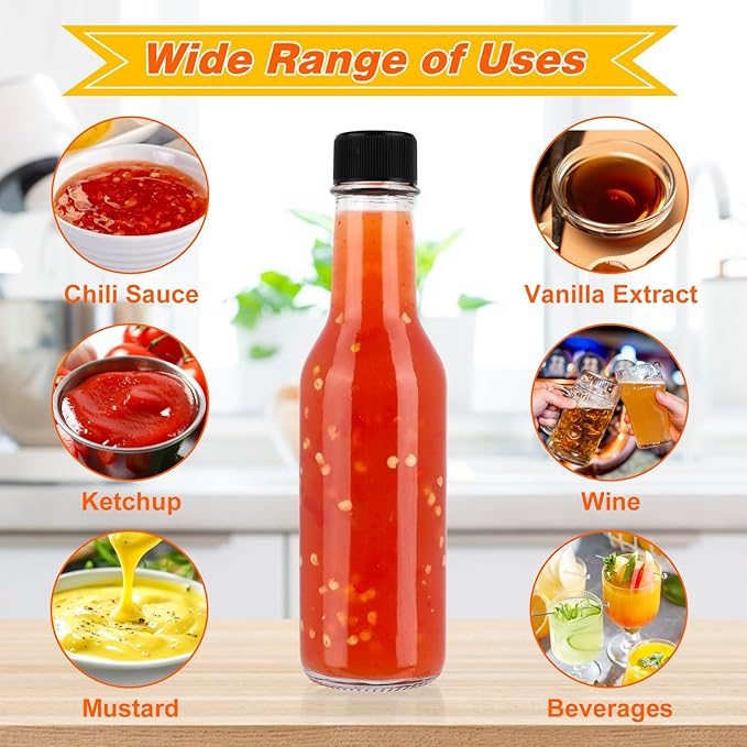 Hot Sauce Bottles 5 oz, 35 Pack Glass Woozy Bottles with Leak Proof Black Caps, Shrink Capsules & Brush, 150ml Empty Bottles for Hot Sauces, Home Bottling, Oils, Vanilla Extract & Gifts