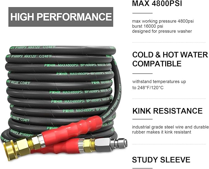 POHIR 3/8" Pressure Washer Hose 50 FT for Cold and Hot Water Max 248°F with Quick Connect, 4800psi Kink Resistant Industry Grade Steel Wire Braided Synthetic Rubber Jacket with 2 M22 14mm Adapter Set