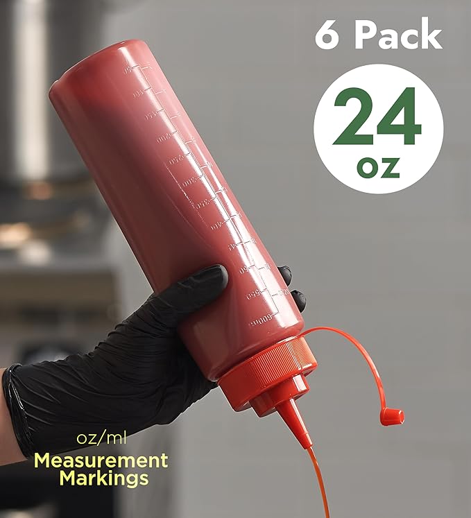 CURTA 6-Pack 24 oz Clear Squeeze Bottle with Cap, BPA-Free Easy-to-Squeeze Plastic Condiment Dispenser with oz & ml Markings for Sauce, Oil, Dressing, Dishwasher Safe, Red
