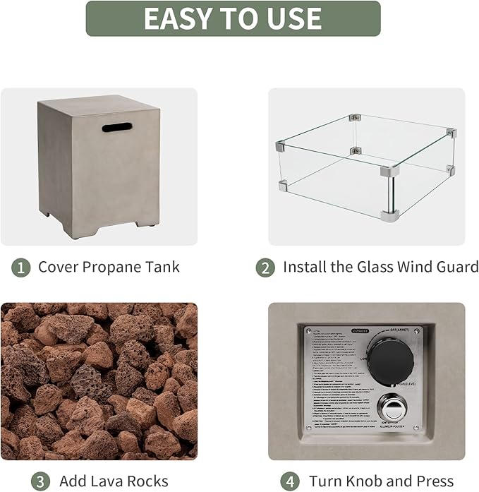 COSIEST 35-inch Square Outdoor Sandstone Propane Fire Pit w Wind Guard and Side Table, Certified, 50,000 BTU Stainless Steel Burner, Free Lava Rocks and Rain Cover, Metal Lid(Gray)