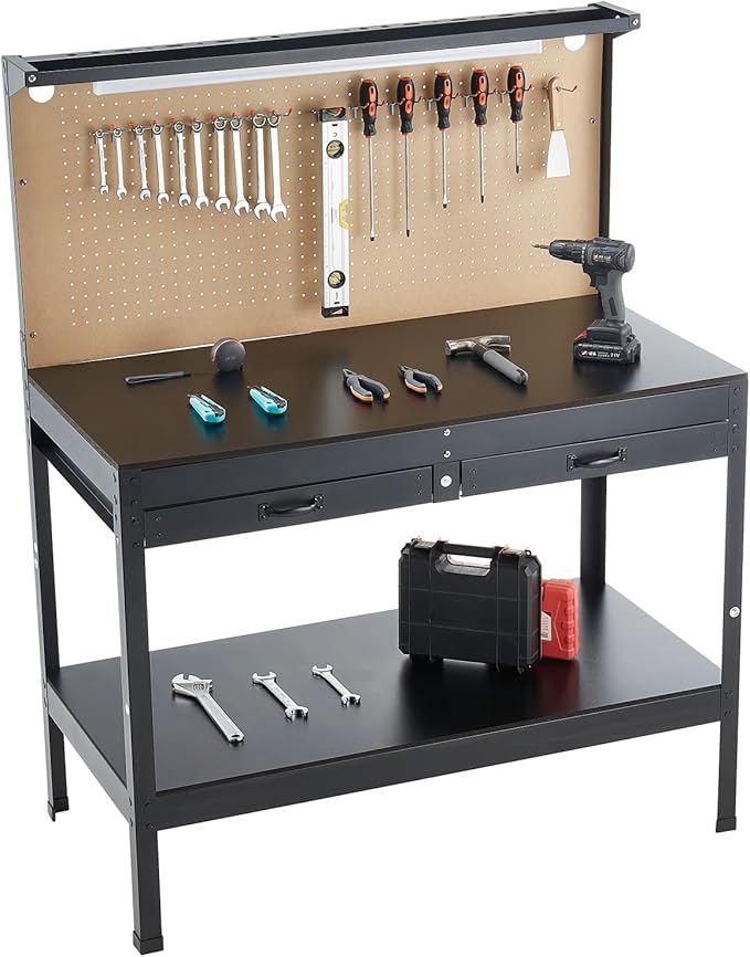 VEVOR Hardwood Workbench, 242.5 lbs Weight Capacity, 47.2-inch Heavy Duty Workbench with Pegboard, 4 AC Outlets & 2 USB Ports, 1.5m Cable & 30 Hooks, Garage Work Bench with Drawer for Workshop