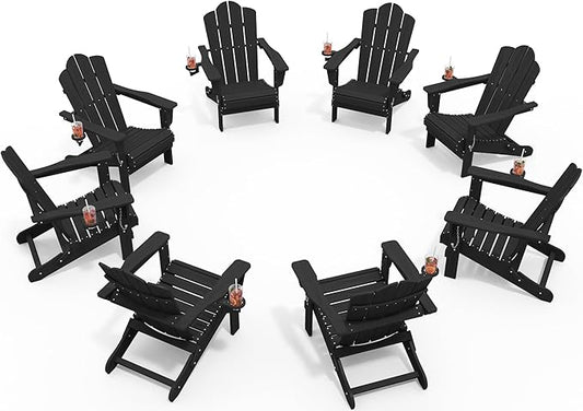 KINGYES Folding Adirondack Chair Set of 8, HDPE All-Weather Patio Chairs with Cup Holder, Wooden Textured Fire Pit Chairs for Poolside, Backyard, Deck, Black