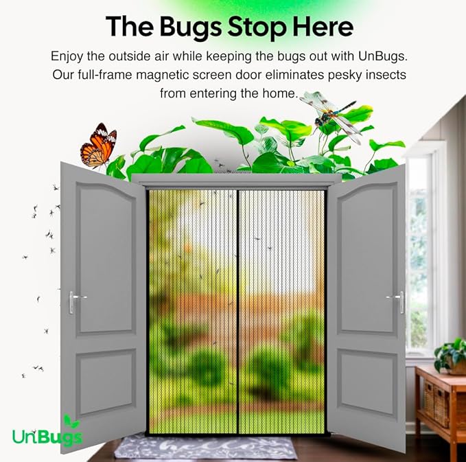 UnBugs Magnetic Screen Door - Fits French Door & Double Doors up to 62 x 82 Inches MAX - Pet & Kid Friendly, Self-Closing - Hands Free Magnet Closure Keeps Bugs Out & Breeze in