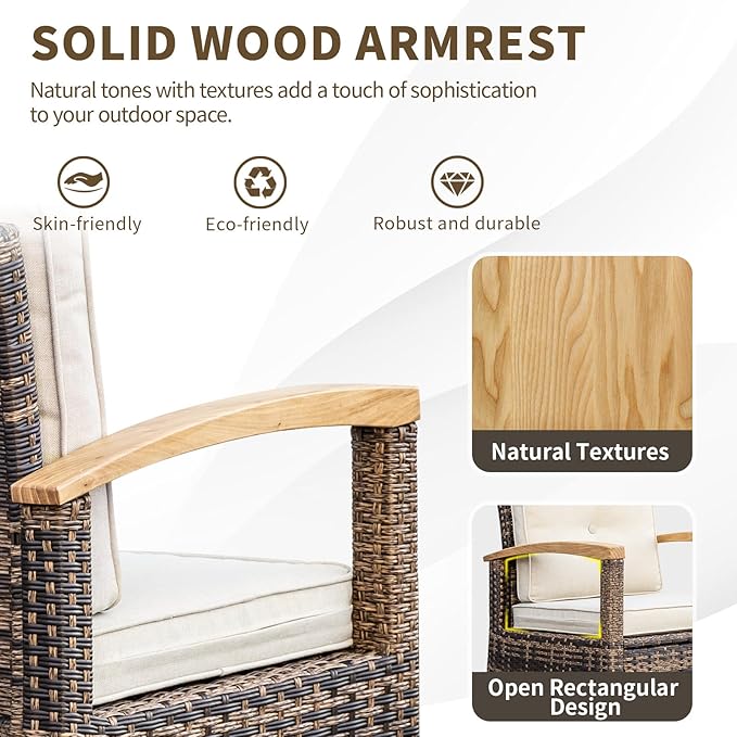 MEISSALIVVE 11 Piece Outdoor Patio Furniture Set, Half-Moon Curved Sectional Sofa Rattan Conversation Set with Wood Armrests, Coffee Table & 2 Side Table（Brown）