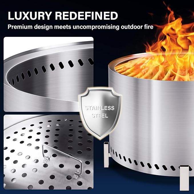 HGD 27.5" Smokeless Firepit with Stand & Grill Rack, Large Stainless Steel Wood Burning Fire Pit for Friends & Family Gatherings, Secondary Combustion Outdoor Patio Stove for Garden BBQ & Bonfire