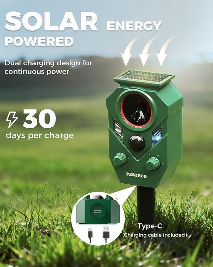 Solar Animal Repellent Outdoor, Ultrasonic Cat Repellent Outdoor, IP65 Waterproof Deer Repellent Deterrent Squirrel Racoon Skunk Rabbit, Dog Repellent for Yard Garden Lawn with RIP Sensor