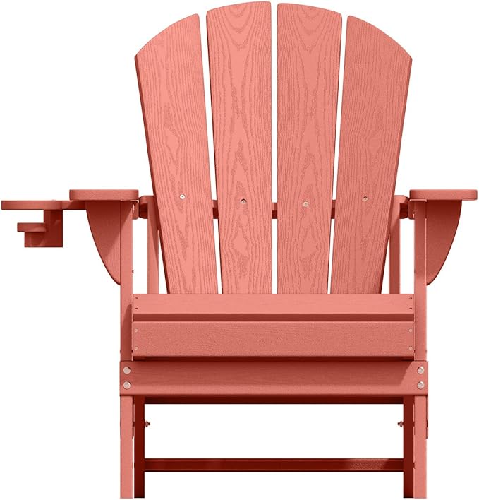 Folding Adirondack Chair with Cup Holders Set of 2, HDPE Plastic Outdoor Chairs, Weather Resistant, Real Wood Look for Patio, Deck, Fire Pit, Backyard, Coral