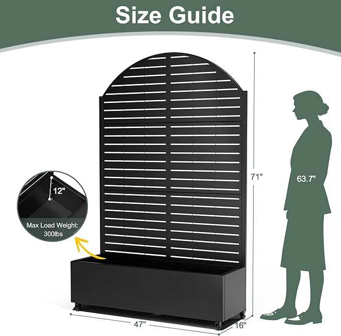 Metal Planter Box with Trellis for Climbing Plants Vegetables, Raised Garden Beds with Privacy Screen & Wheels, Standing Flower Box with Drainage Holes (47" L, Black Arch)