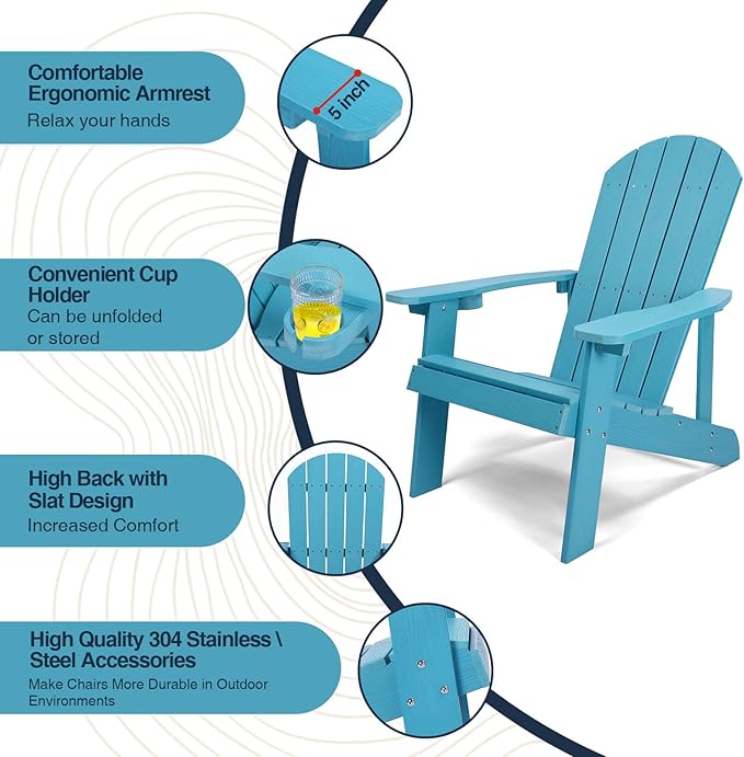 Adirondack Chair, All Weather Resistant Plastic Chairs with Cup Holder, 5 Easy Steps to Install, Outdoor Chairs for Patio, Garden, Backyard Deck, Lawn, Fire Pit - Lake Blue