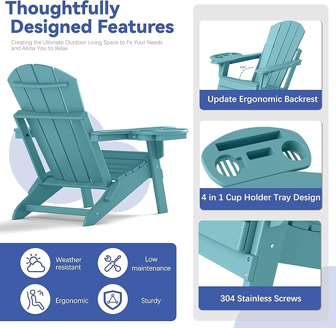 FOOWIN Folding Adjustable Adirondack Chair,HDPE Adirondack Chair w/4 in 1 Cup Holder Trays,All-Weather Resistant Fire Pit Chair, Outdoor Chair for Patio Lawn Poolside,400lbs,Lake Blue