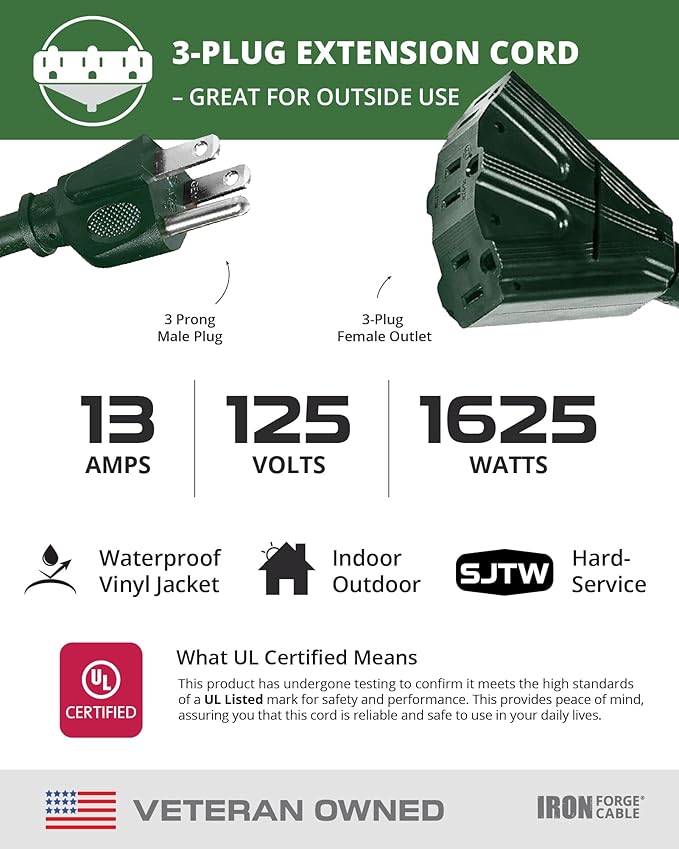 Iron Forge Cable 100ft Green Outdoor Extension Cord with 3 Outlets - 16/3 SJTW 100ft Extension Cord 3 Prong, 10 Amp All-Weather Heavy Duty Power Cable