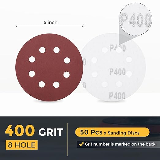HARFINGTON 50 Pcs 5 Inch Sanding Discs, 400 Grit Hook and Loop Sandpaper, 8-Hole Aluminum Oxide Orbital Sander Sandpaper for Woodworking Automotive Metal Polishing, Red