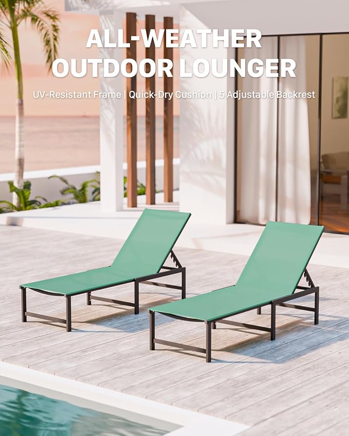 Chaise Lounge Chair Outdoor,Aluminum Patio Lounge Chairs Set of 2,Pool Lounge Chairs with 5 Adjustable Backrest and Headrest Pillows for Outside Beach，Green