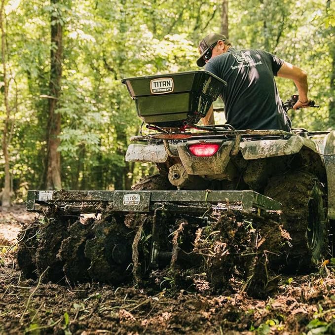 Titan Attachments 12 Volt ATV/UTV Broadcast Spreader, 80 LB Capacity, Back or Front Mounting for ATV, UTV, Or Utility Tractor, Lawn and Garden Seed Spreader with Rain Cover