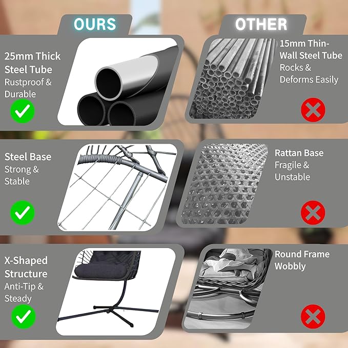 Kingdura Hanging Egg Chair with Stand Indoor Outdoor, Foldable Rattan Wicker Hammock Egg Swing Chair for Bedroom Porch Patio Garden, Thickened Cushion, 350LBS Capacity, Heavy Duty Frame