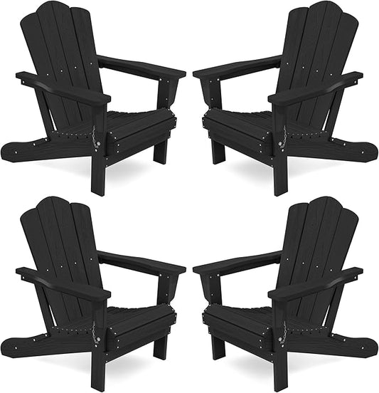 KINGYES Folding Adirondack Chair Set of 4, HDPE All-Weather Patio Chairs, Wooden Textured Lawn Chair for Poolside, Backyard, Deck, Fire Pit, Black