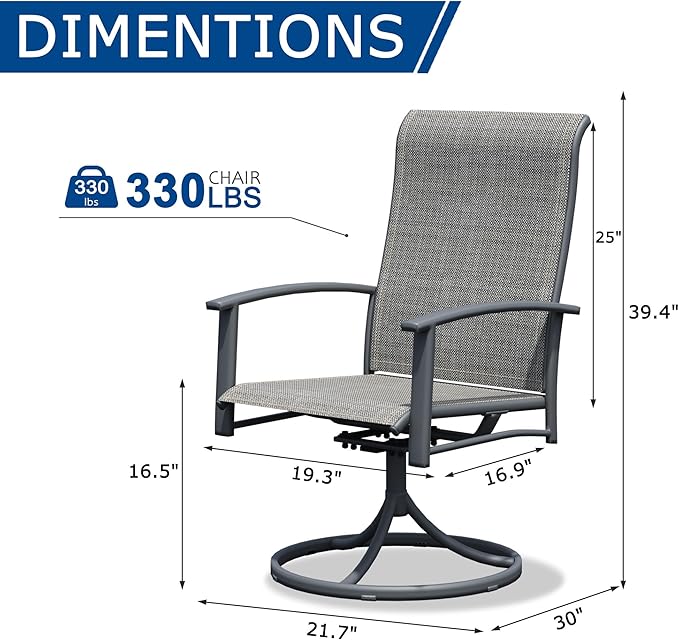 Patio Swivel Chairs Set of 8, Outdoor Swivel Chairs with Armrest, High Back Patio Chair with Metal Frame, All-Weather Outdoor Dining Chair for Deck, Porch and Lawn, Grey