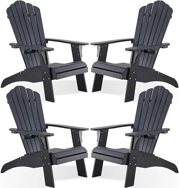 Psilvam Adirondack Chair, Oversized Poly Lumber Fire Pit Chair with Cup Holder, 350Lbs Support Patio Chairs for Garden, Weather Resistant Outdoors Seating, Relaxing Gift for Father & Mother (4, Black)