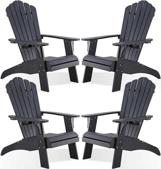 Psilvam Adirondack Chair, Oversized Poly Lumber Fire Pit Chair with Cup Holder, 350Lbs Support Patio Chairs for Garden, Weather Resistant Outdoors Seating, Relaxing Gift for Father & Mother (4, Black)