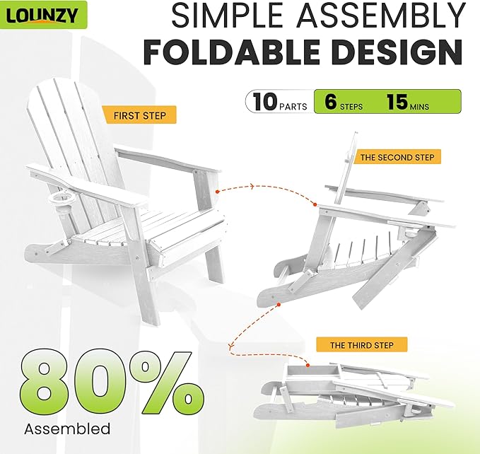 LOUNZY Folding Adirondack Chair Set of 4, HDPE All-Weather Folding Adirondack Chair with Cup Holders, Outdoor Patio Adirondack Chair for Deck Lawn Fire Pit, White