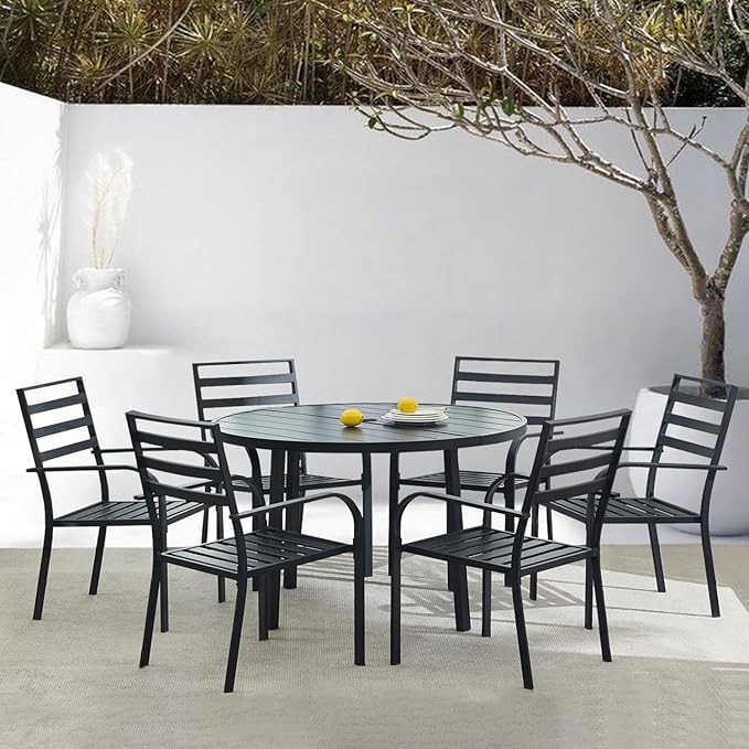 Outdoor Dining Chairs Set of 6, Metal Frame Stackable Patio Dining Chairs with Armrest, Wrought Iron Patio Bistro Chairs for Lawn, Backyard, Garden, Porch