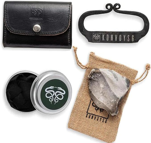 Carbon Steel Fire Striker, English Flint Stone & Char Cloth Traditional Hand Forged Fire Starter, Leather Gift Kit with Emergency Tinder Jute Bag