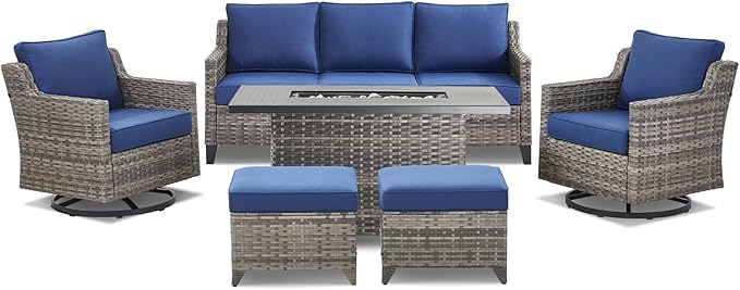 Patio Furniture Set with 42.5" Fire Pit Table-6 Pieces All Weather Wicker Outdoor Furniture with High Back Swivel Patio Chairs Set of 2 Outdoor Couch for Deck Balcony Backyard Blue/Gray