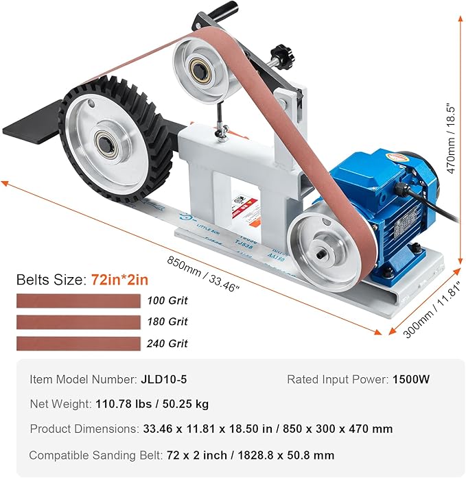 VEVOR Belt Grinder Sander, 72 x 2-Inch Variable Speed Belt Polisher with VFD, 1500W 2HP Polishing Grinding Machine with 3 Grinding Moulds & 3PCS Sanding Belts for Metalworking, Knife Making