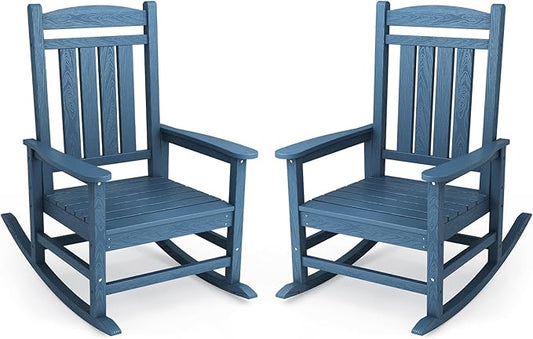 KINGYES Oversized Patio Rocking Chair Set of 2, High Density Polyethylene Outdoor Rocking Chairs with 330lbs Support for Adults, Navy