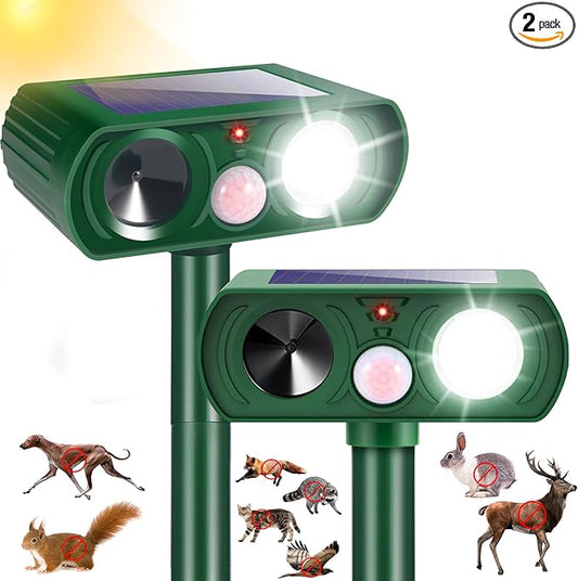 2 Pack Raccoon Squirrel Fortress Pro Solar Ultrasonic Repellent Outdoor Cat Deterrent Deer Repellent with Motion Detection Strobe Light,Waterproof Animal Repeller for Rabbit Dog Skunk for Yard