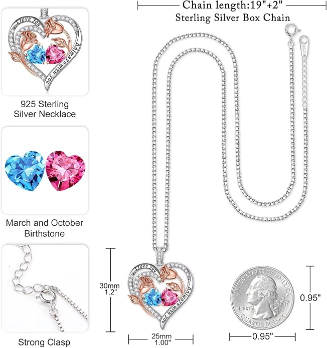 Iefil Christmas Gifts for Women Wife - 925 Sterling Silver Rose Heart Birthstone Necklace Birthday Anniversary Jewelry Gifts for Her Wife Mom Daughter