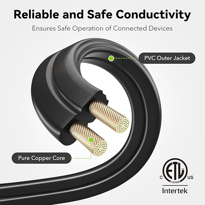 BN-LINK 9ft Indoor Extension Cord, 2 Pack, 3-Outlet Polarized Flat Cable, Household Power Cord for Home, Office, and Holiday Decorations, Black
