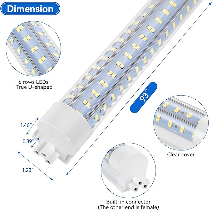 6-Pack 8FT LED Shop Light, 140W Ultra Bright 20,000LM, U-Shaped T8 Integrated Tube Light, 6500K, Linkable, Built-in connector, Surface Mount Plug &Play LED Ceiling Light for Garage, Workshop, Basement