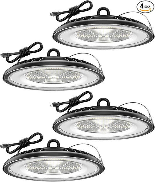 Glitgate High Bay LED Shop Lights 200W - 28000LM 5000K IP65 Waterproof High Bay Lights with US Plug, Hanging Hook, 4 Pack Commercial Bay Lighting for Barn, Warehouse ETL Listed