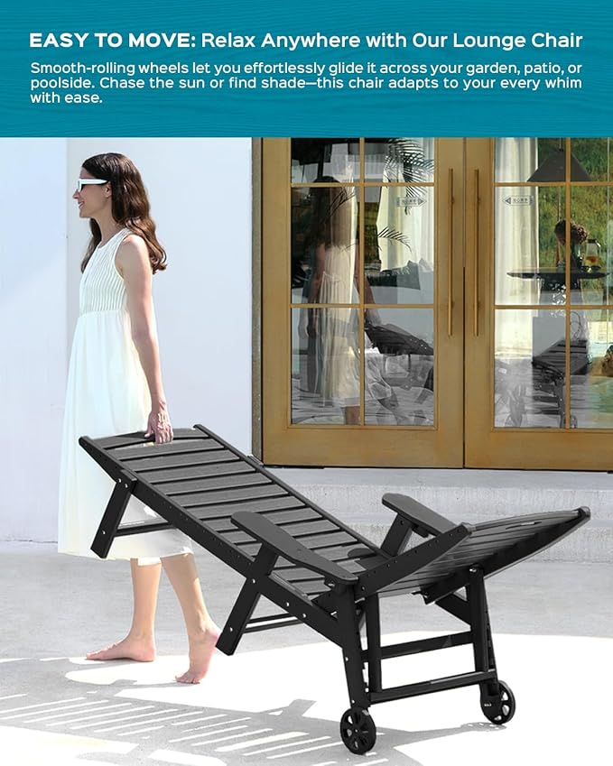 Lounge Chair Outdoor, Oversized Chaise Lounge Chair with 5 Positions, HDPE, Patio Lounge Chair with Wheels & Cup Holder for Pool, Deck, Poolside, Black