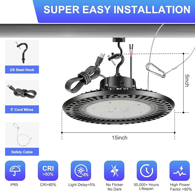 UFO LED High Bay Light 300W 4PACK 5000K High Bay LED Shop Lights 45000LM 0-10V Dimmable 1200W HID/HPS Replacement with 5' US Plug IP65 Hanging Hook UFO Lights for Shop Warehouse Garage Workshop