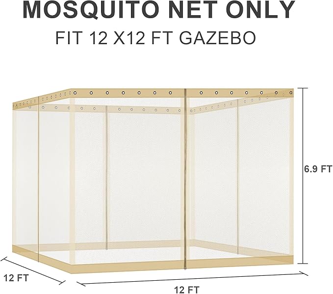 BPS 12' x 12' Gazebo Universal Mosquito Netting Screen Replacement, 4-Panel Screen Walls with Double Zippers for Outdoor Patio, Khaki (Mosquito Net Only)