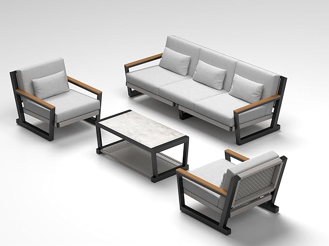 Aluminum Patio Sofa Set with PE Rope Weaving, 500lbs Capacity Outdoor Conversation Set, Waterproof UV-Resistant Cushions & Powder-Coated Frame, Modern Sectional for Poolside, Garden Grey