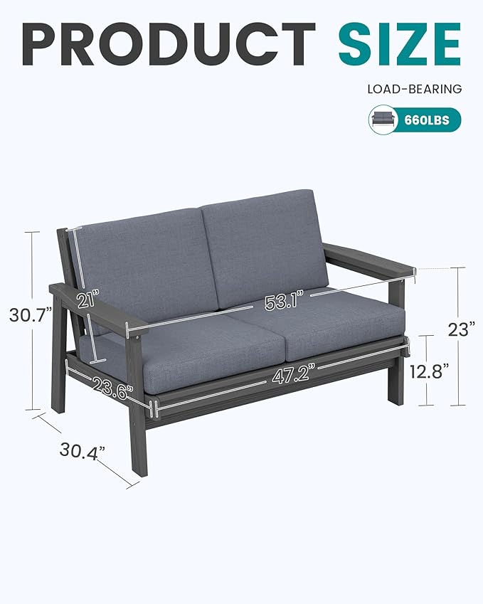 SERWALL Patio Furniture Set with 33” Fire Pit Table, HDPE Outdoor Sectional Sofa Set with Thickened Cushions, Grey Frame with Grey Cushions