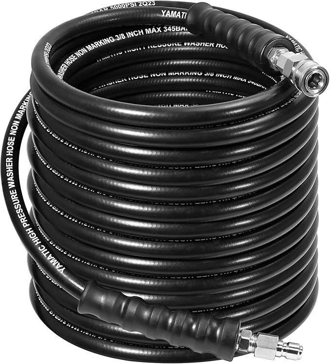 YAMATIC 5000PSI 3/8" Pressure Washer Hose 100FT with Stainless Steel Quick Connector, Rubber Power Washer Replacement Hose, Steel Wire Braided, Compatible with Simpson, Craftsman, Champion
