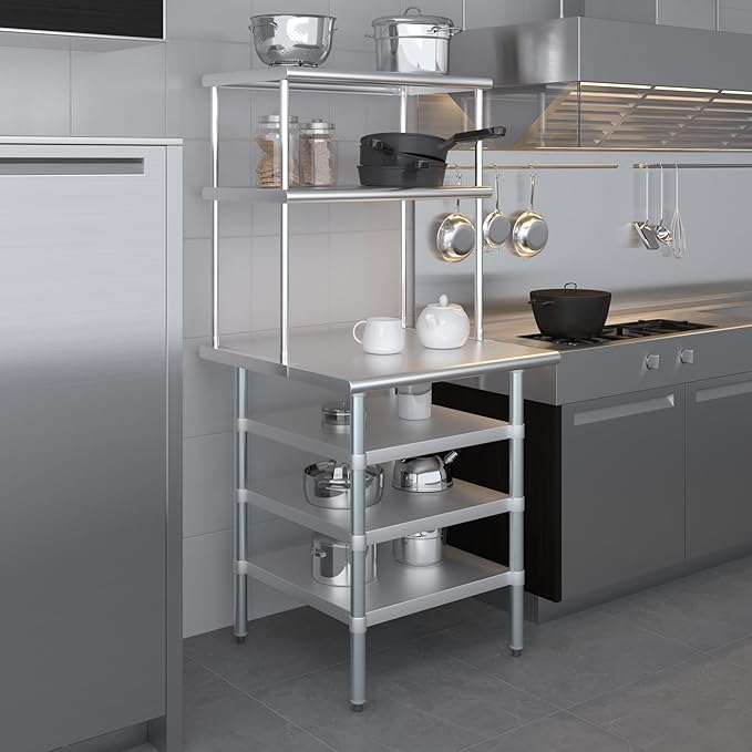 Amgood 30" x 30" Stainless Steel Work Table with 3 Shelves and 18" Wide Double Tier Overshelf | Metal Kitchen Prep Table & Shelving Combo | NSF