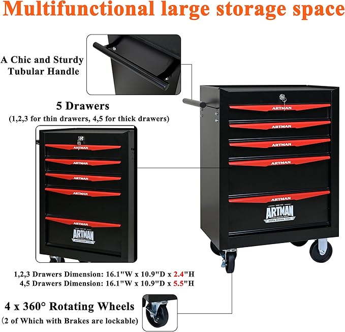 5 Drawers Tool Cart on Wheels, Multifunctional Rolling Tool Storage Chest, Drawers Rolling Trolley Organizer Tool Box for Warehouse, Garage, Workshop, Repair Shop (5 Drawers-30.5" H)