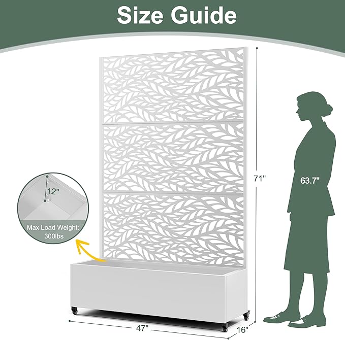 Metal Planter Box with Trellis & Wheels for Outdoor Plants, Large Raised Garden Beds with Drainage Holes, Privacy Planters Box with Trellis for Plants Vegetables, (47" L, White Spring)