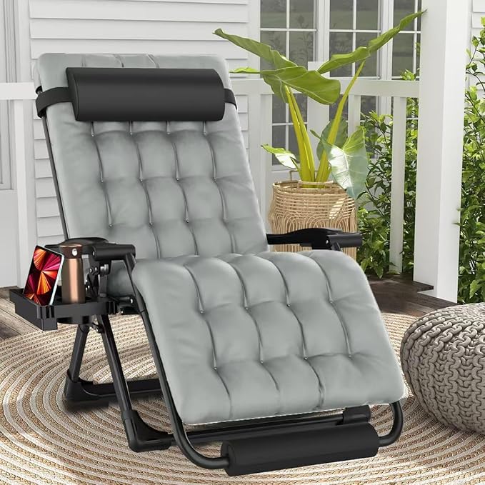 XXL Zero Gravity Lounge Chair 33", Oversized Padded Folding Recliner for Patio with Storage Bag, Removable Cushion, Footrest, Full Aluminum Lock & Large Cup Holder, Supports 500 lbs, Gray
