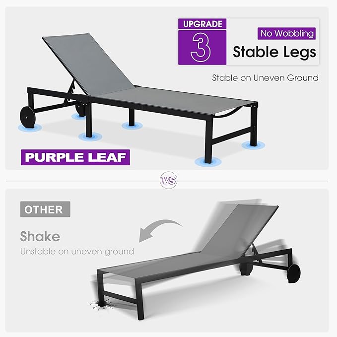 PURPLE LEAF Outdoor Chaise Lounge Chairs Set Recliner Aluminum Adjustable Chair with Wheels and Table for Poolside Beach Patio Reclining Sunbathing Lounger, Grey
