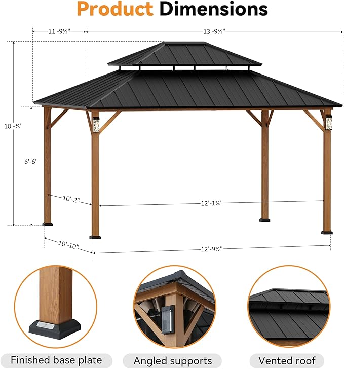 Modern Shade The Horizon Hardtop Gazebo 12' x 14' with 4 LED Lights, Permanent Outdoor Gazebo with Galvanized Steel Double Roof, Grill Pavilion with Decor Hooks, Mosquito Nettings, Wood Grain