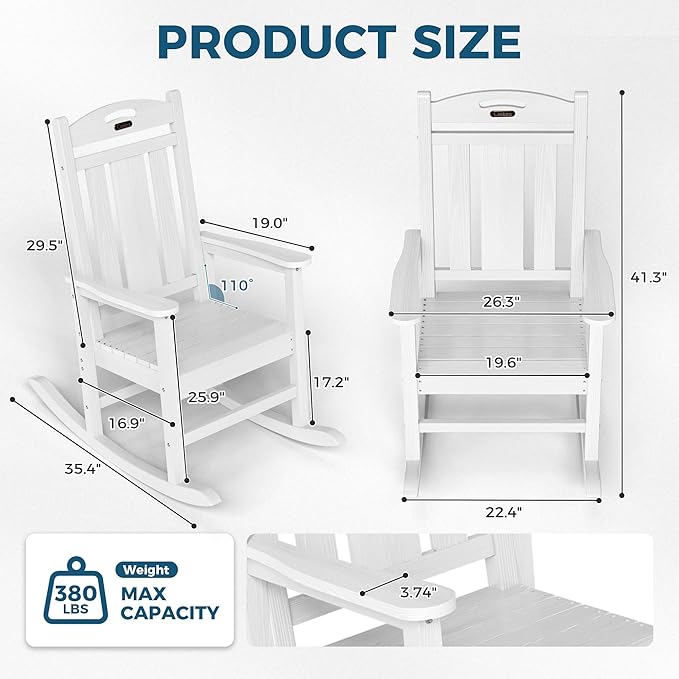 Ciokea Oversized Outdoor Rocking Chairs Set of 2, HDPE Porch Rocking Chairs for Outside, All-Weather Comfortable Patio Rockers for Front Deck Balcony, White
