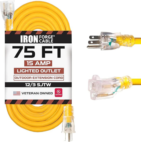 Iron Forge Cable 75 Foot Lighted Outdoor Extension Cord - 12/3 SJTW Heavy Duty Yellow Extension Cable with 3 Prong 15 AMP Grounded Plug for Safety