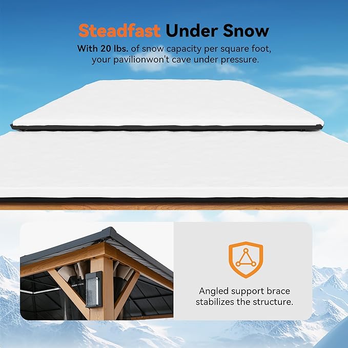 Modern Shade The Horizon Hardtop Gazebo 12' x 16' with 4 LED Lights, Permanent Outdoor Gazebo with Galvanized Steel Double Roof, Grill Pavilion with Decor Hooks, Mosquito Nettings, Wood Grain