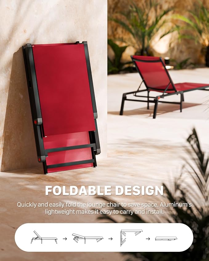Aluminum Patio Chaise Lounge Chair Set of 2 with Side Table,5-Position Adjustable Backrest,Foldable Lounge Chair Outdoor,Pool Lounge Chairs for Poolside,Lawn,Deck,Beach (Red, 2 Pack+Table)